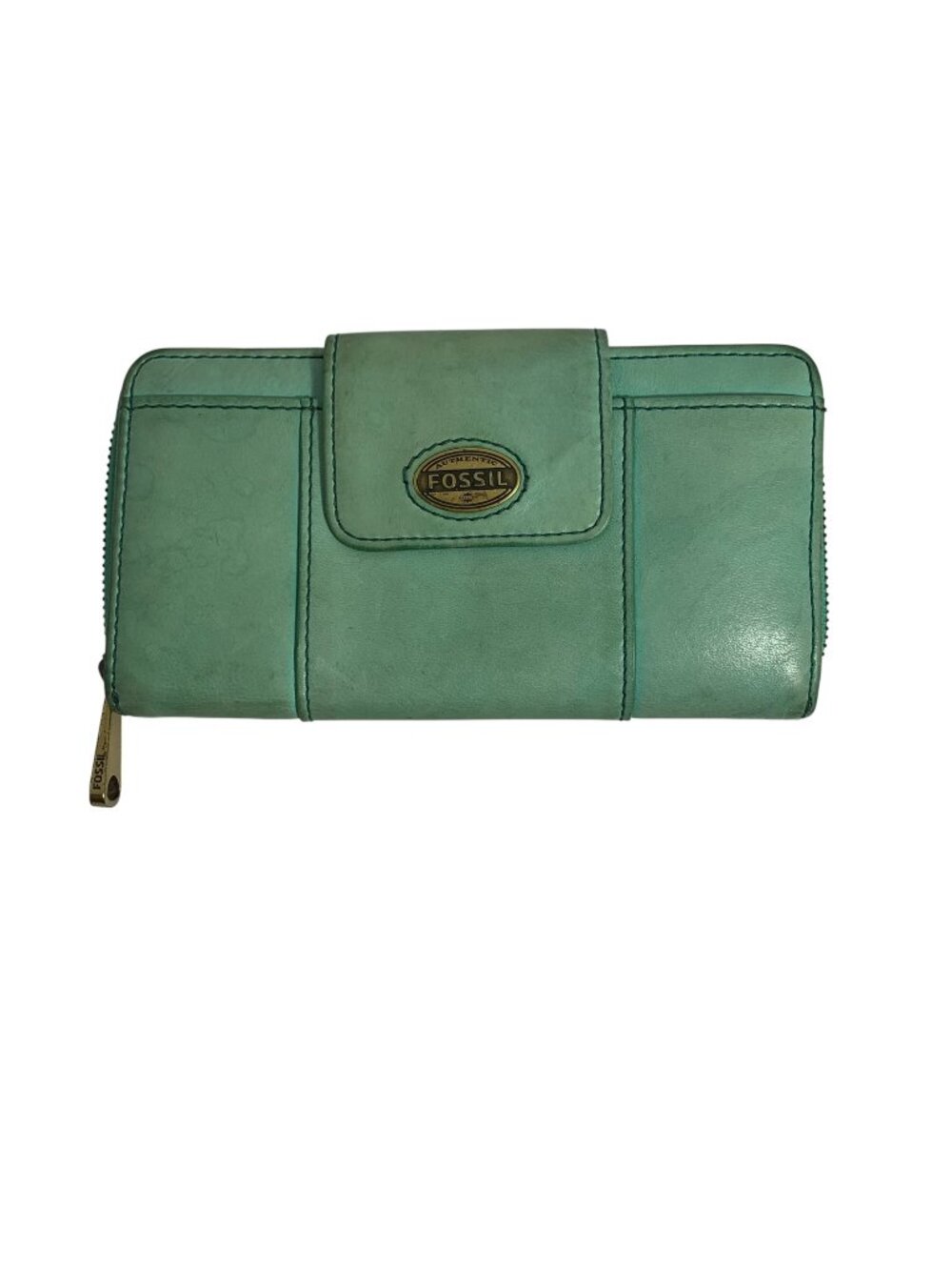 Fossil Explorer Womens Teal Leather Bifold Wallet Zip-Around Clutch Snap Flap